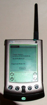 Here's a shot of the Palm V with a snap on Bluetooth module. Any final model would have a considerably smaller antenna.